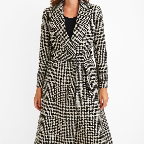 J.Crew Wool Blend Houndstooth Check Belted Wrap Trench Coat Classic 8 - Picture 1 of 16